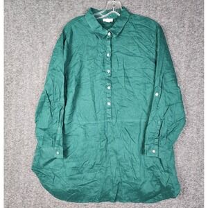 J.Jill Love Linen Tunic Shirt Mens XL Petite Green Roll Tab Sleeve 100% Linen